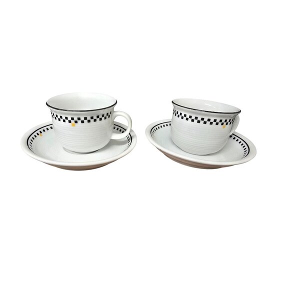 Thomas Germany Speedway 2 cups & 2 Saucers Black & Yellow Checkered Band Design - Picture 1 of 7